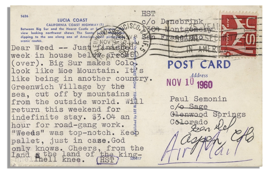 Hunter S. Thompson Typed Postcard, With Arrow on Postcard of California Coastline -- ''...Big Sur makes Colo. look like Moe Mountain...''